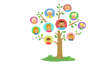 National Genealogy Day A tree with images of a family hanging from it as if it were the fruit on a transparent background.