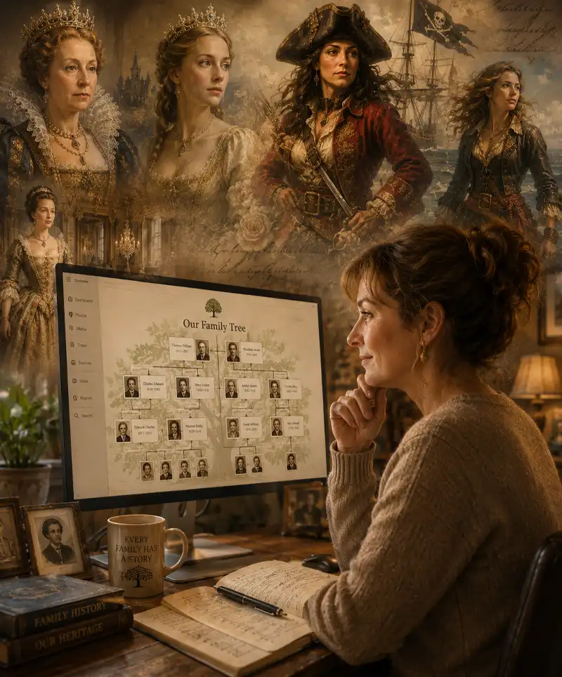A woman researches her family tree on a computer while imagined ancestors including queens, princesses, and fierce lady pirates appear floating around her in a warm, dramatic genealogy scene.