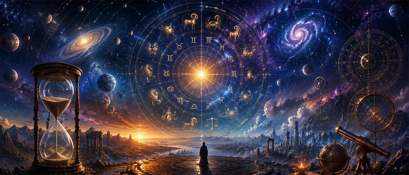 An epic cosmic panorama blends astrology, time, and space into a breathtaking celestial scene. A glowing zodiac wheel dominates the star-filled sky above distant galaxies, planets, and nebulae, while an hourglass, telescope, and ancient astronomical instruments symbolize humanity's enduring fascination with time, the universe, and the mysteries of the stars