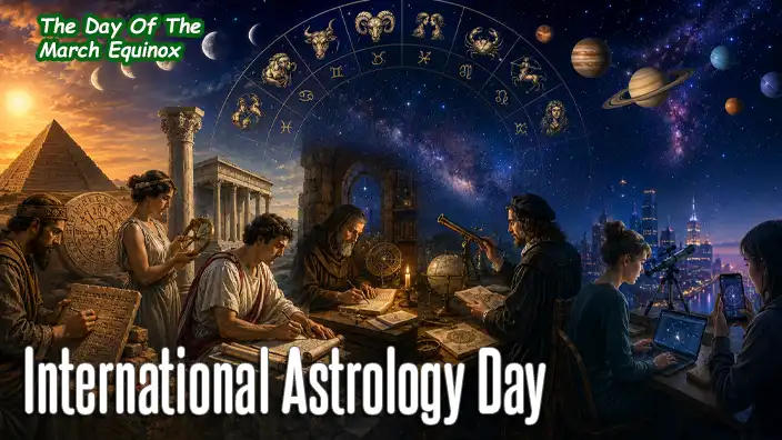 A panoramic illustration shows the evolution of astrology through history, from ancient civilizations studying the heavens to modern enthusiasts using telescopes, computers, and mobile apps. Above them, the Milky Way, planets, and zodiac symbols span a brilliant night sky, connecting thousands of years of celestial observation.