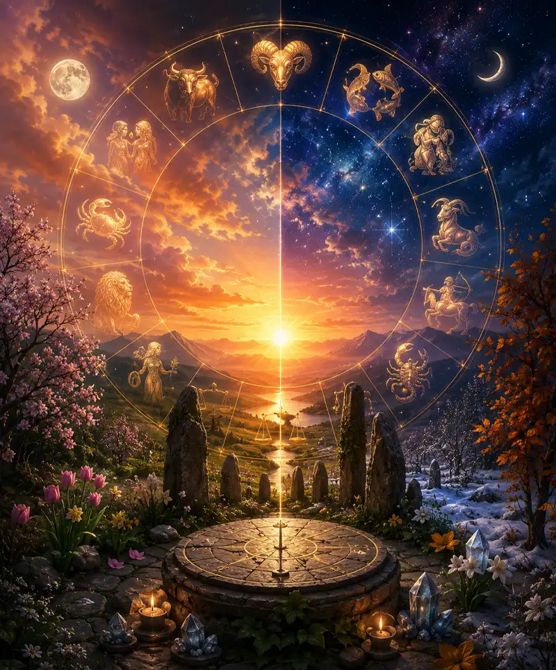 A mystical equinox landscape features a glowing zodiac wheel suspended in the sky above an ancient stone circle. The scene is divided between the warmth of spring and the cool tones of winter, symbolizing the balance of the equinox, while the twelve astrological signs shine among the stars, mountains, and celestial light.