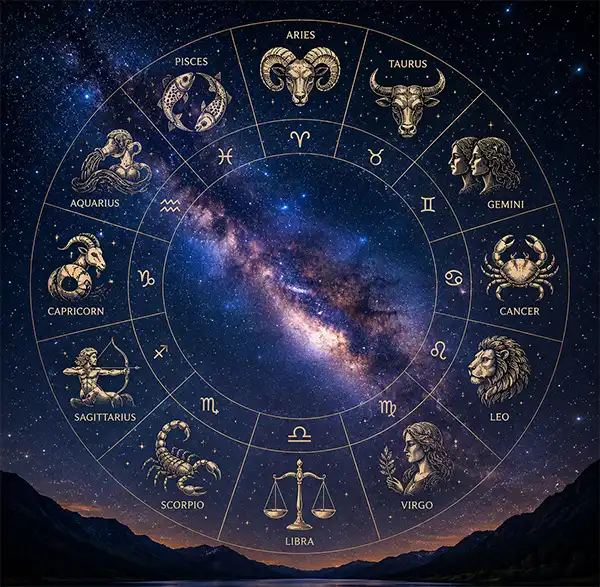 A star-filled night sky showcases the Milky Way stretching across the heavens, while a stylized zodiac wheel in the foreground displays all twelve astrological signs, including Aries, Taurus, Gemini, Cancer, Leo, Virgo, Libra, Scorpio, Sagittarius, Capricorn, Aquarius, and Pisces. The celestial scene combines astrology and astronomy in a dramatic cosmic landscape.