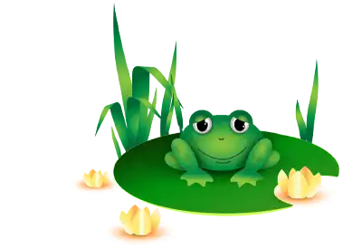 A green frog sitting on a Lilly Pad on a transparent background.