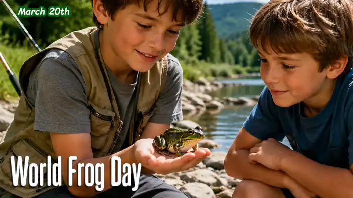 Two boys kneel beside a clear river after a day of fishing, carefully admiring a frog resting in one boy's hand while fishing rods lie nearby on the rocky bank.
