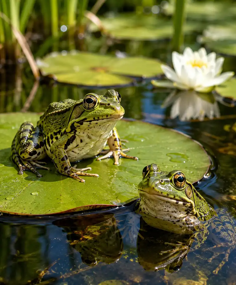 Two green frogs rest in a peaceful pond surrounded by lily pads, with one frog perched on a large lily pad while the other floats nearby in the clear water beneath a blooming white water lily.