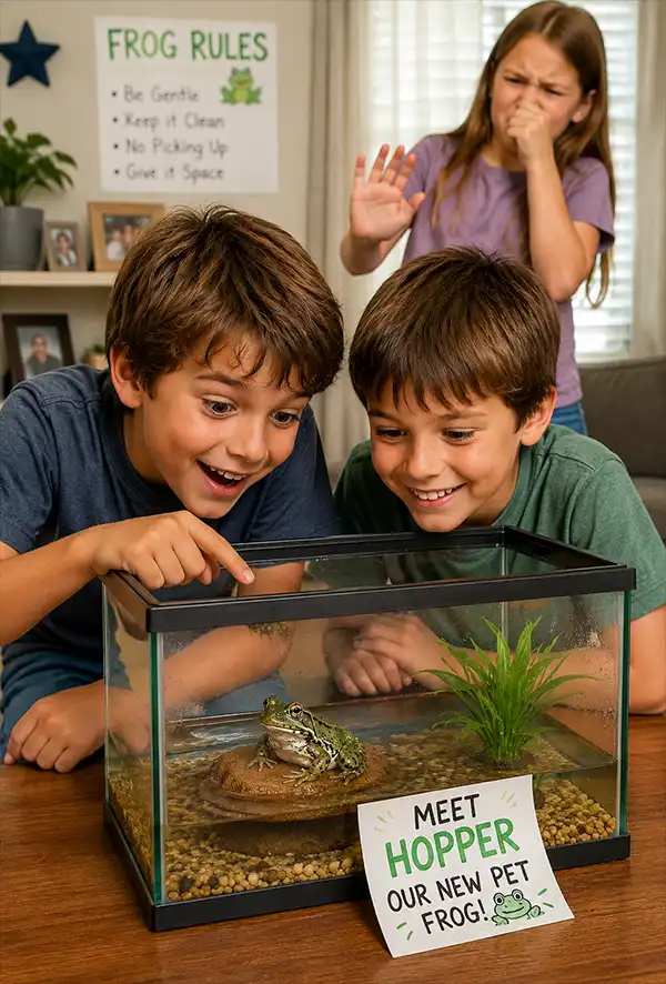 Two excited boys proudly admire their new pet frog in a small aquarium at home, while their disgusted sister stands in the background making it clear she wants absolutely nothing to do with the amphibian resident.