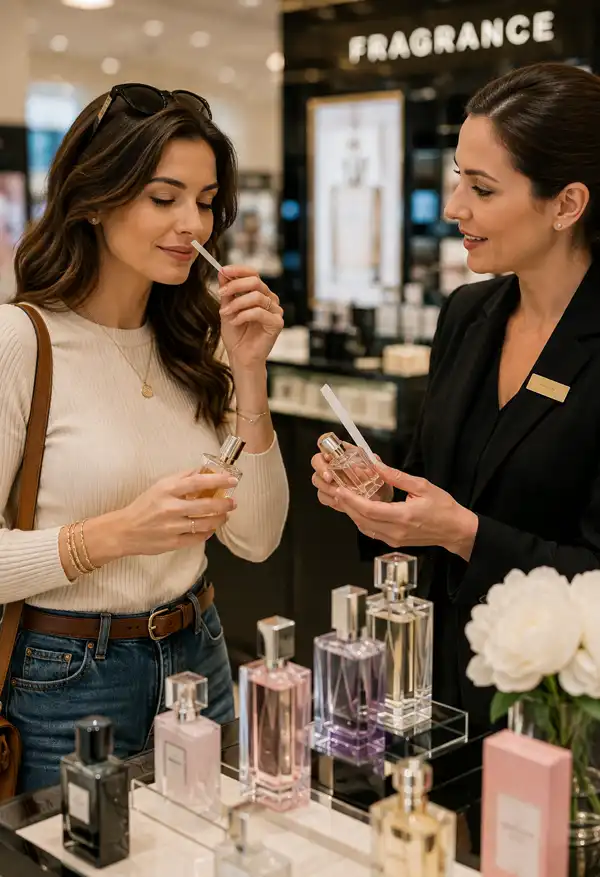 Sampling Fragrances A woman samples a new fragrance at a department store cosmetics counter while a sales associate helps her compare scents, celebrating the experience of finding the perfect signature perfume.