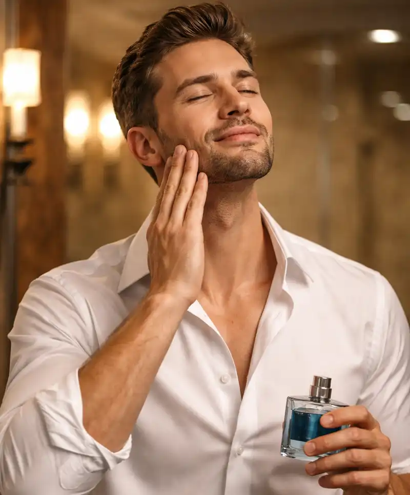 Well-groomed man finishing his shave and applying aftershave while holding a fragrance bottle