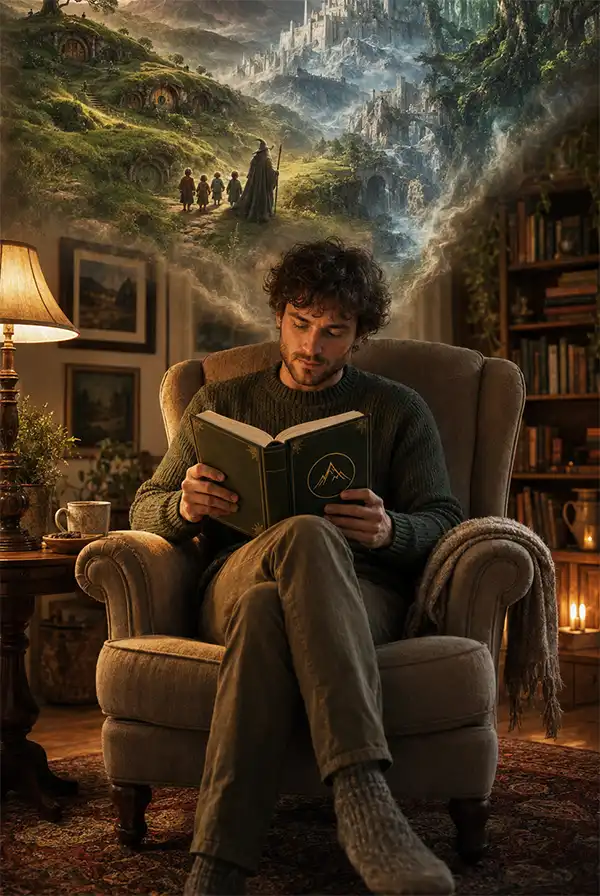 A young man reads a Tolkien book in a cozy living room as imagined scenes of Middle-earth unfold above him.