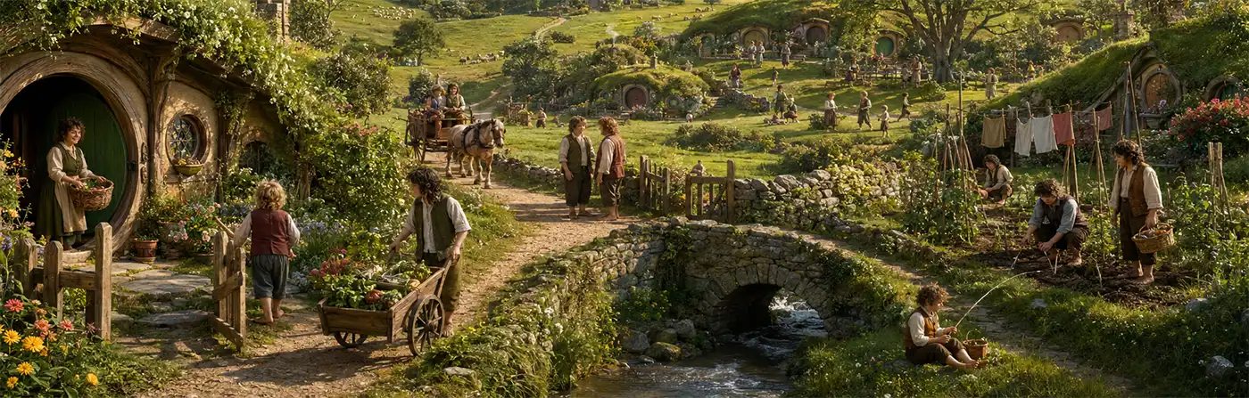Hobbits tend gardens, visit neighbors, and travel along country lanes among the round-doored hillside homes of the Shire.