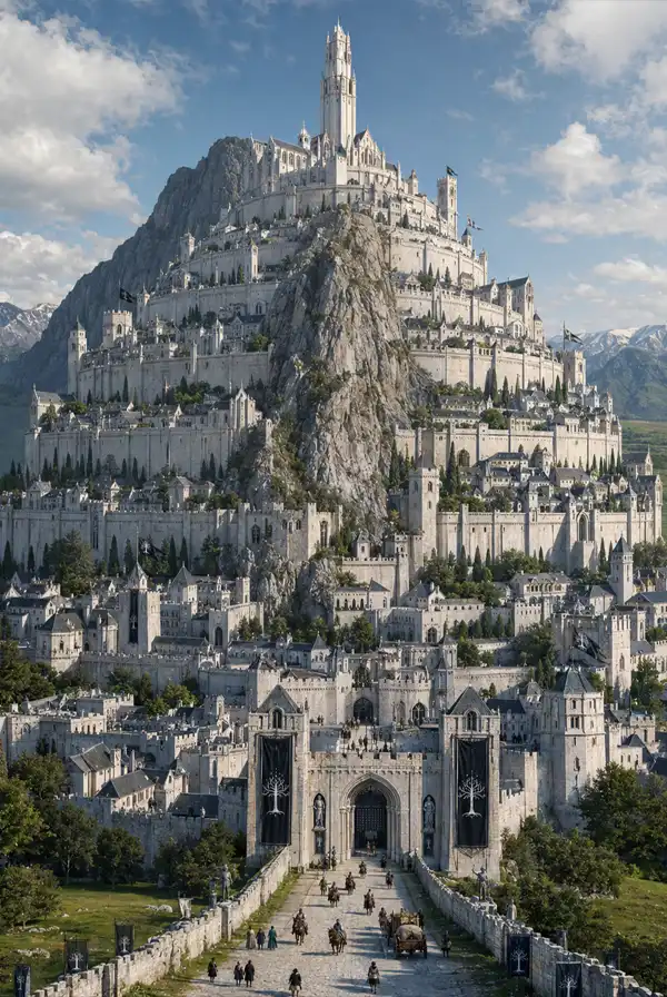 Minas Tirith rises in seven levels of white stone beneath the mountains as travelers approach the capital of Gondor.