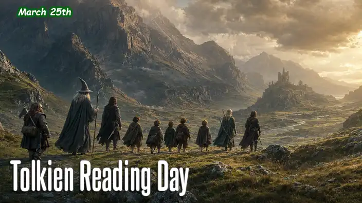 Nine companions travel toward a distant fortress across a vast mountainous landscape in Middle-earth.