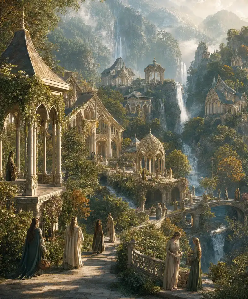 Elves stroll through Rivendell’s elegant terraces, gardens, bridges, and waterfalls beneath towering mountains.