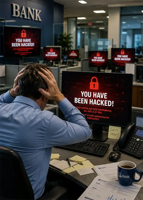A worried bank employee discovers a cyberattack as his computer and other screens throughout the bank display “You Have Been Hacked” warnings.