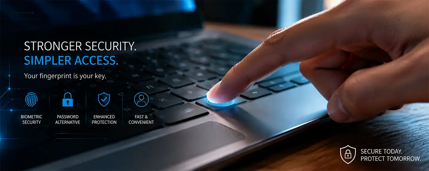A person uses a fingerprint reader on a computer keyboard, demonstrating biometric authentication as a secure alternative to traditional passwords.