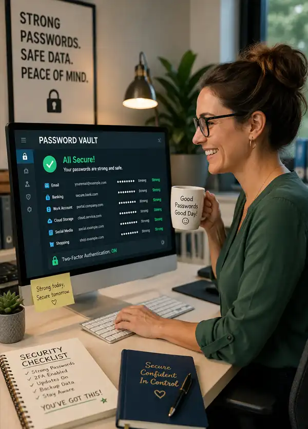 A smiling woman works securely at her computer with strong passwords and two-factor authentication protecting her online accounts.