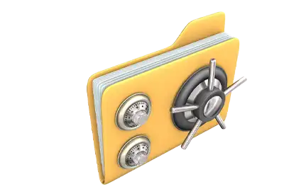 A Computer Icon of a secured file folder with safe locks and security dials on a transparent background