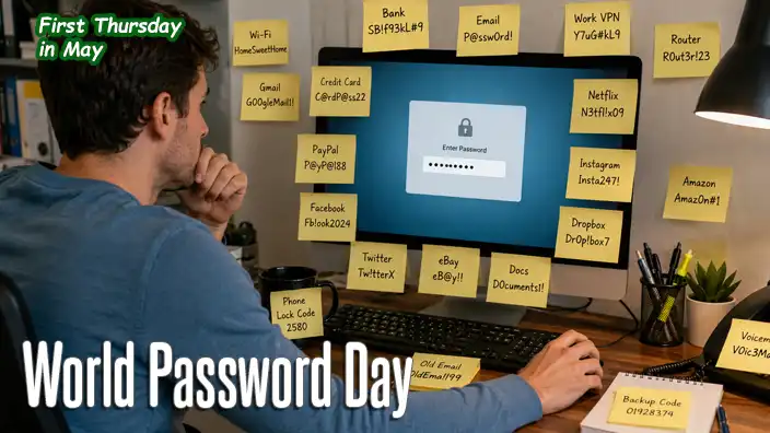 A computer user surrounded by sticky notes displaying passwords while trying to log in, humorously illustrating poor password security.