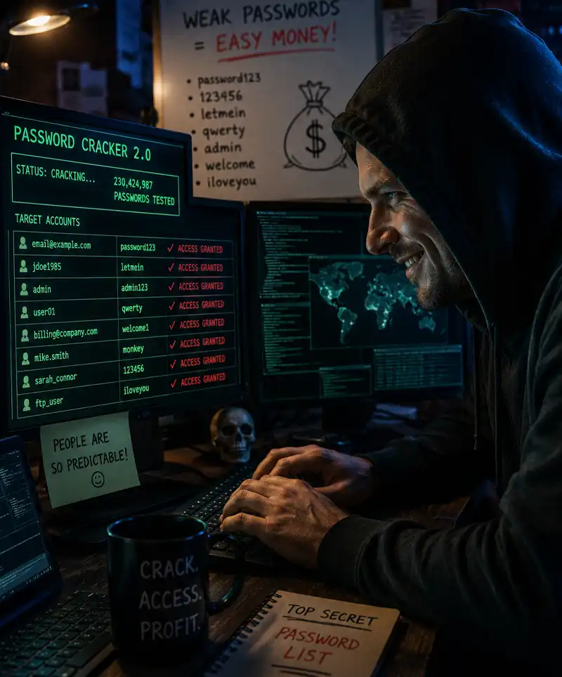 A hooded hacker uses password-cracking software to access accounts protected by weak and predictable passwords.