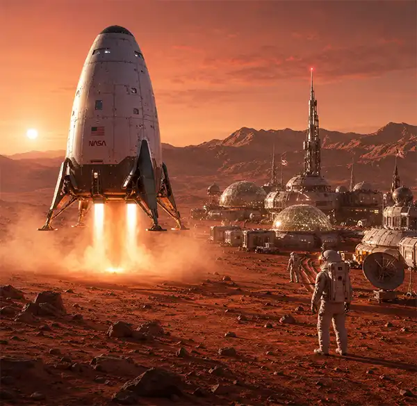 Earth To The Moon, and On To Mars A futuristic spacecraft from Earth descends onto a Mars colony as astronauts watch from the red planet’s surface beside advanced domed habitats and research towers.