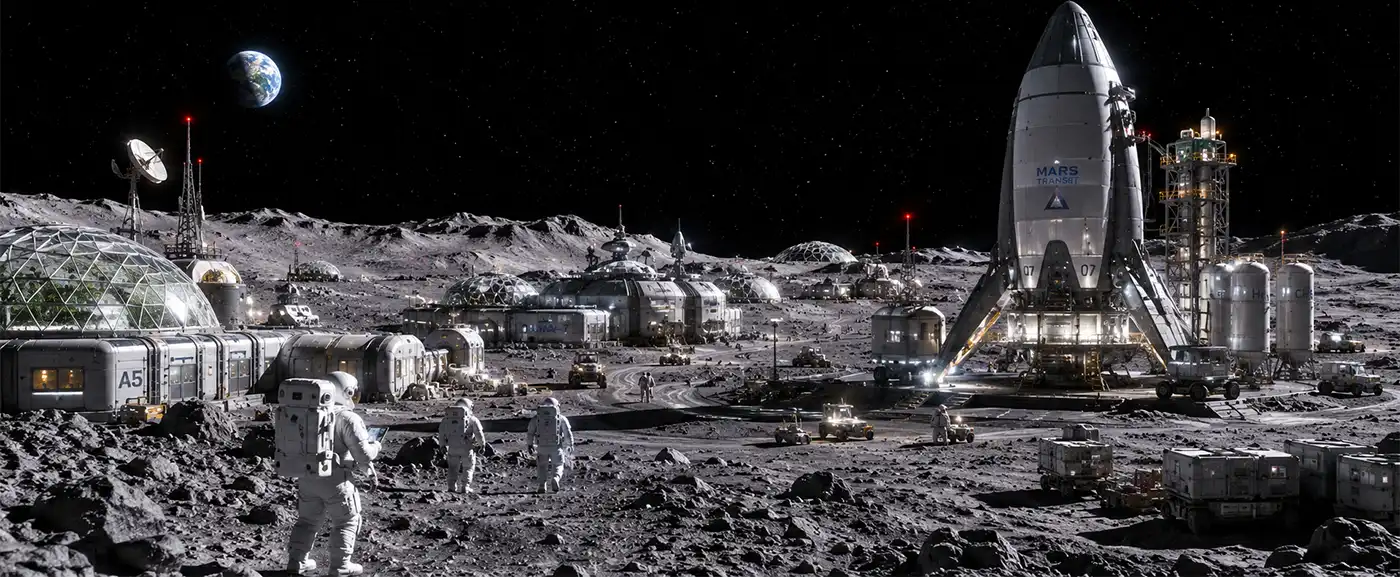 A Base on the Moon provides Fuel for onward missions to Mars A futuristic lunar base spreads across the moon as astronauts work outside advanced habitats and spacecraft refuel for deep-space missions beneath a star-filled sky.