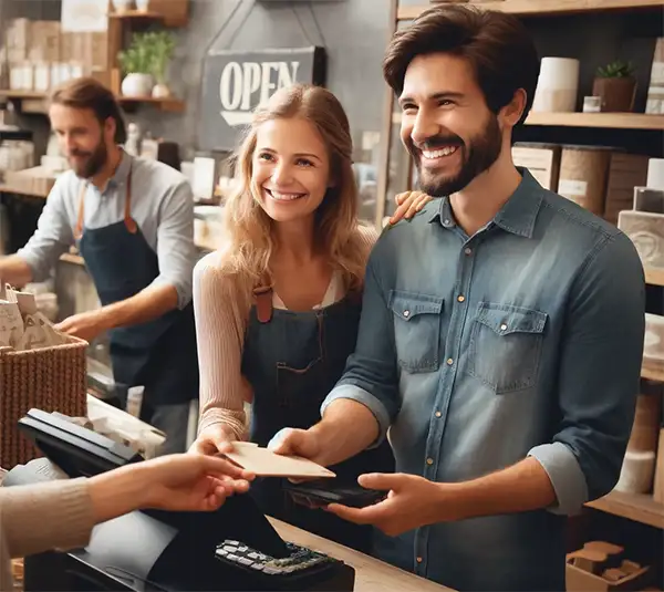 With hopes and dreams in their pockets, this couple are Small Business owners working for their 'Piece of the Pie." A cheerful couple working in their small store, serving customers. The scene captures the warm, inviting atmosphere of their thriving small business.