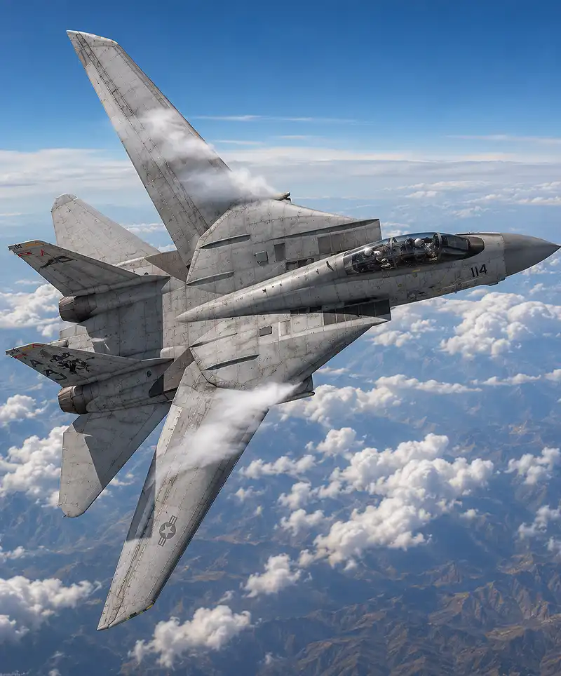 An F-14 Tomcat fighter jet executes a steep high-G banking turn high above a blanket of white clouds, vapor streaming from its swept wings as the twin-tail aircraft carves through the clear blue sky, showcasing the speed, agility, and iconic design of one of naval aviation's most legendary fighters.