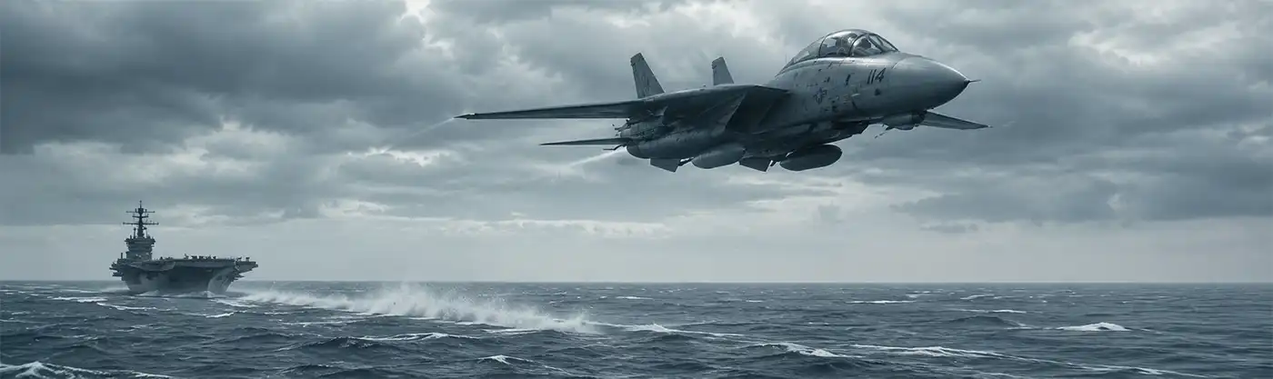 Low Pass An F-14 Tomcat races just above the waves of a stormy ocean, flying at extremely low altitude beneath heavy gray clouds. An aircraft carrier trails in the distance as the legendary fighter streaks across the sea, demonstrating the precision and daring of low-level naval aviation.