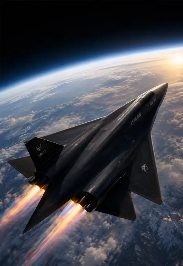 Artist's Impression of the Darkstar The futuristic Darkstar hypersonic aircraft streaks along the edge of space with blazing engines, high above Earth's curved horizon. Bathed in the light of a rising sun, the sleek experimental aircraft flies through the thin upper atmosphere, symbolizing the next generation of high-speed aerospace technology.
