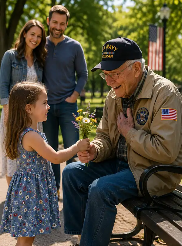 Little girl gives wildflowers to a delighted elderly veteran sitting on a park bench while her proud parents watch on a beautiful sunny day.