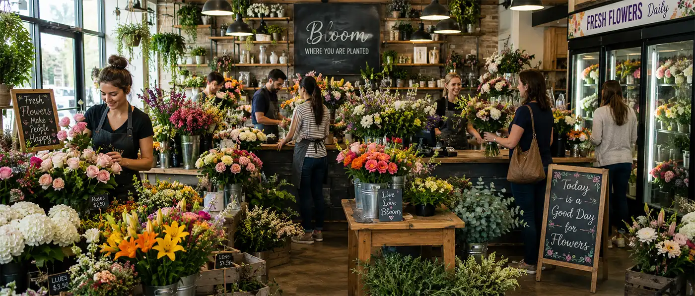 Busy local flower shop filled with colorful fresh flowers as florists prepare bouquets and customers browse and choose arrangements.