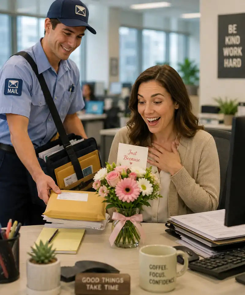 Office mail carrier delivers the daily mail and a surprise vase of colorful flowers to a delighted woman at her desk, making her day.