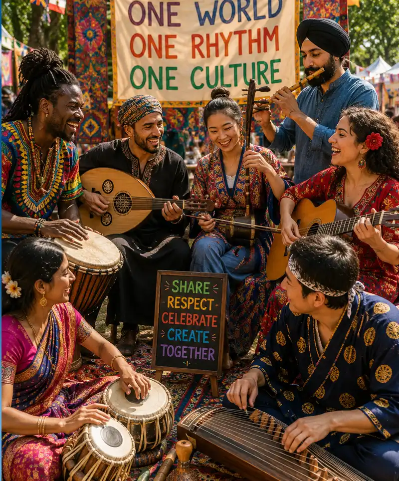 Musicians from diverse cultures gather outdoors in a colorful international festival, blending traditional instruments and global musical traditions in a joyful celebration of unity and shared creativity.