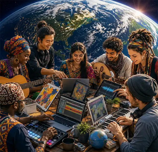 People from diverse cultures collaborate with laptops, tablets, and musical instruments before a stunning view of Earth from orbit, symbolizing global creativity, cultural exchange, and shared innovation.