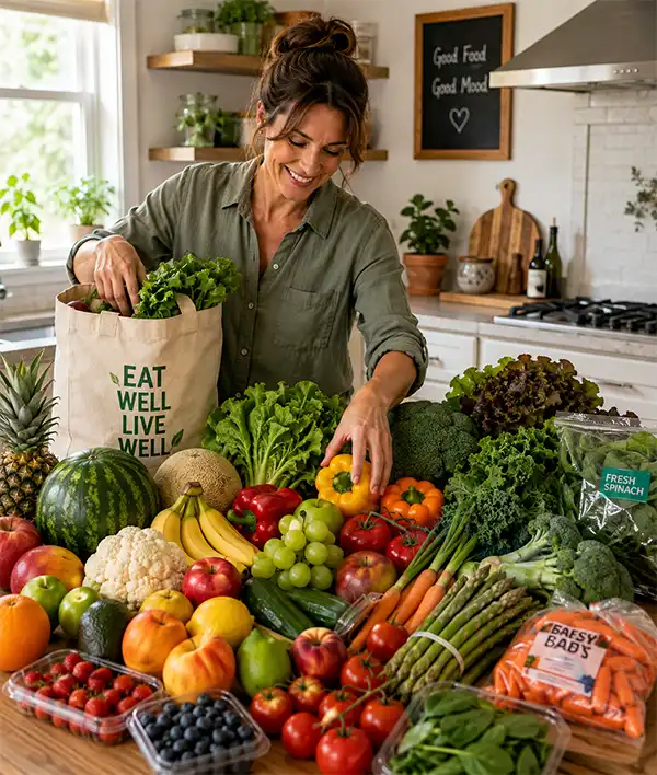 A smiling mother unpacks a large assortment of fresh fruits and vegetables onto her kitchen table in a bright, modern home kitchen, preparing for healthy family meals.