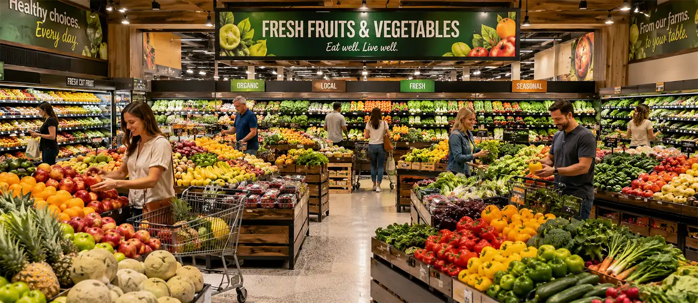 Shoppers browse a large supermarket's colorful fruit and vegetable department, selecting fresh produce from abundant displays in a bright, modern grocery store filled with healthy food options.