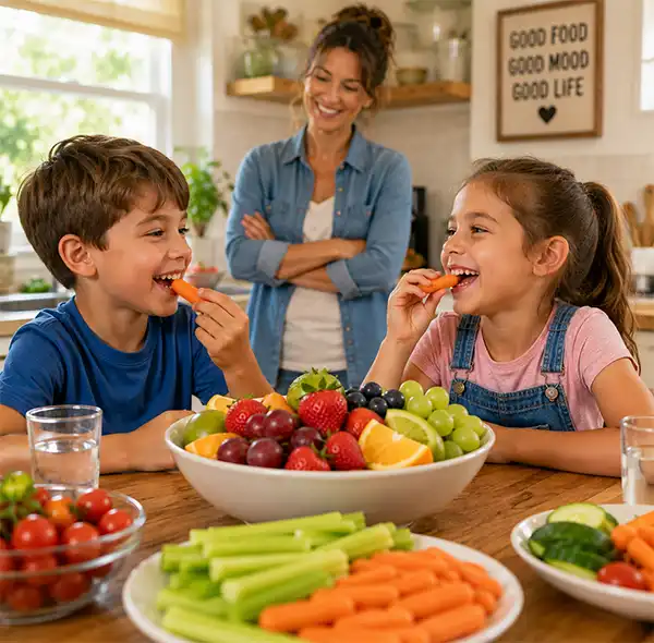 Two happy children enjoy crunchy fresh carrots at the kitchen table while a large bowl of colorful fruit sits between them. Their smiling mother watches proudly from the background in a bright, modern family kitchen, celebrating healthy eating and nutritious family habits.