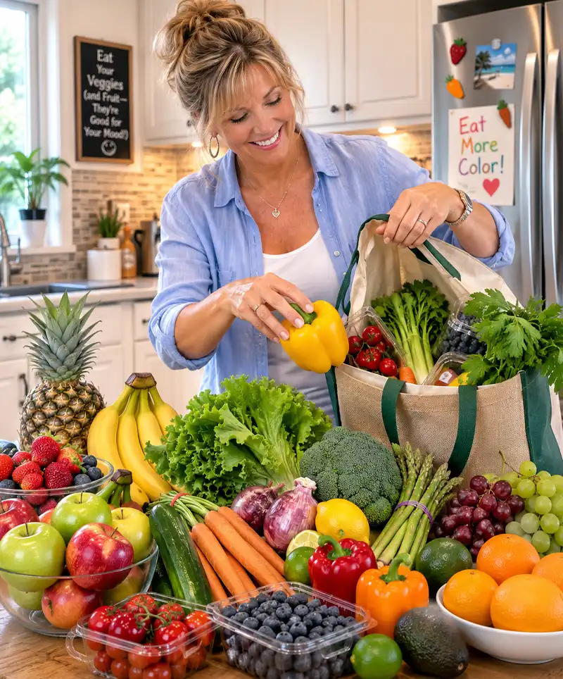 Mother arranging colorful fresh fruits and vegetables on a kitchen table after grocery shopping, promoting healthy eating, nutrition, and Eat More Fruits and Vegetables Day.