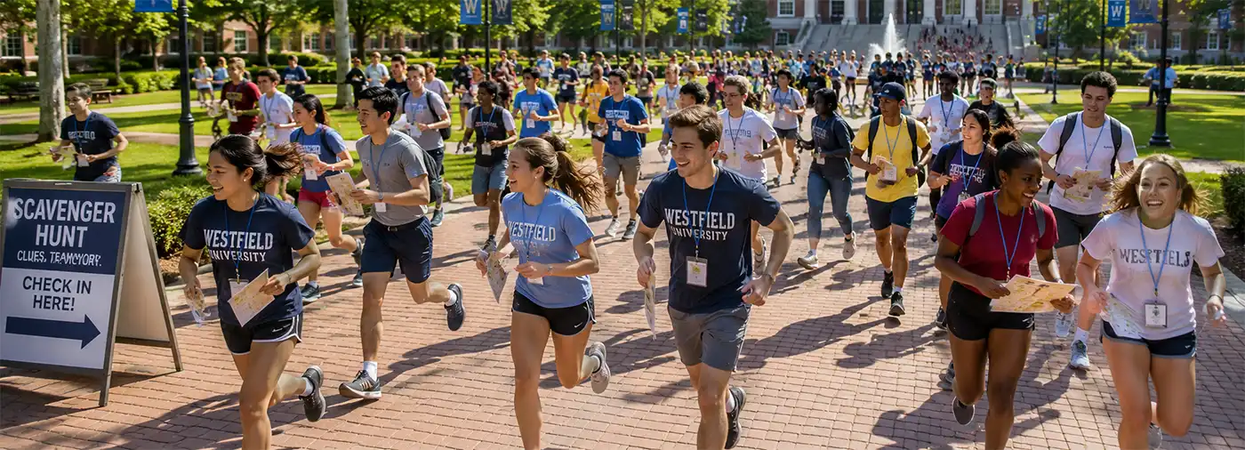 College students race across a sunny campus during a competitive scavenger hunt, carrying clue sheets as teams work together to complete challenges and reach the finish first.