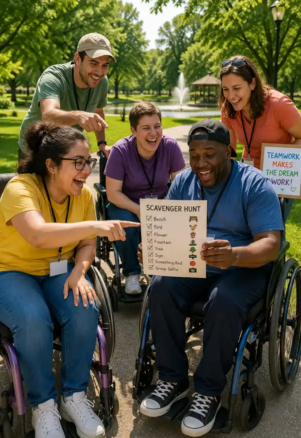 A group of adults using wheelchairs enjoys a scavenger hunt in a sunny city park, laughing together as they solve clues and explore the park as a team.