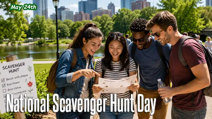 Friends work together during a scavenger hunt in a sunny city park, using clues to search for hidden items while enjoying a beautiful day outdoors.