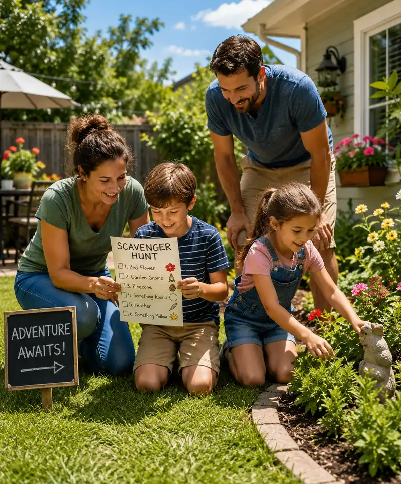 Parents help their children complete a scavenger hunt in a beautifully maintained backyard on a sunny day, searching for clues and hidden objects while enjoying family time outdoors.