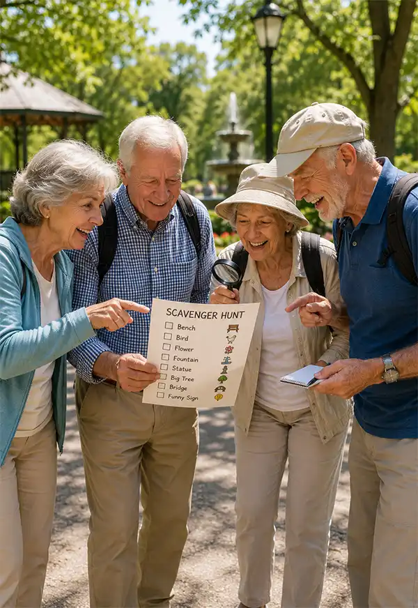 A group of smiling older adults enjoys a scavenger hunt in a beautiful city park, working together to solve clues and explore the park on a warm, sunny day.