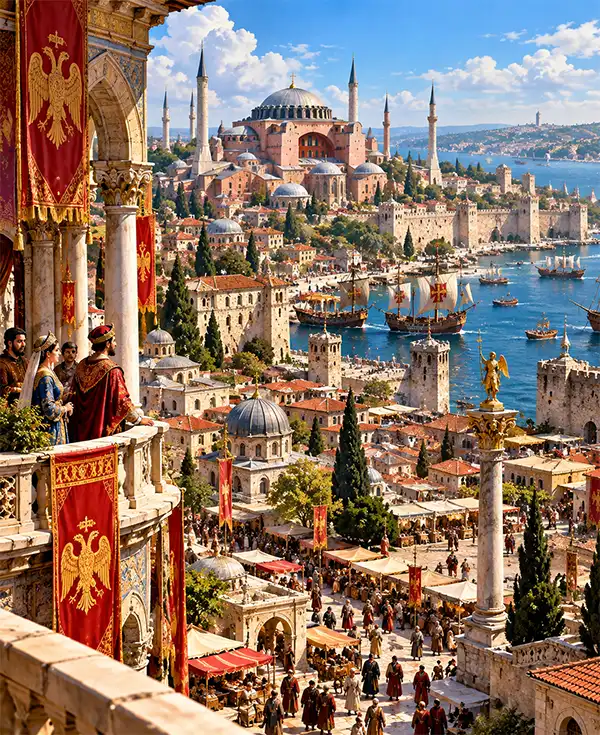 Constantinople Before The Siege A peaceful Constantinople before the 1453 siege, with busy markets, ships in the harbor, fortified walls and the Hagia Sophia dominating the city skyline.