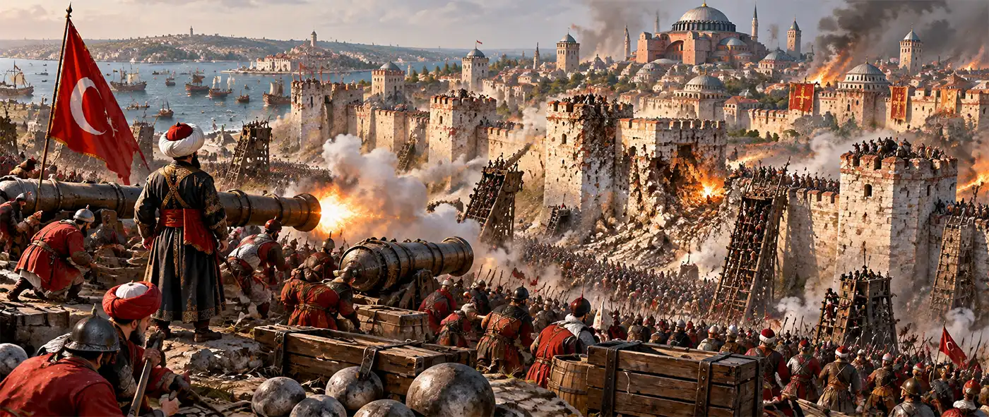 Constatinople Under Attack Ottoman forces bombard the walls of Constantinople with massive cannons during the dramatic 1453 siege that ended the Byzantine Empire.