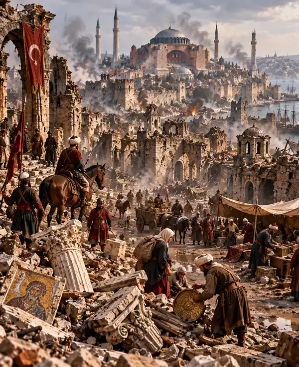 After the Seige Residents and Ottoman soldiers move through the ruined streets of Constantinople after the 1453 siege, surrounded by rubble, damaged buildings and lingering fires.