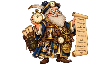 End of the Middle Ages Day A humorous cartoon timekeeper surrounded by stopwatches, clocks and hourglasses while holding a scroll listing the major ages and eras of history.