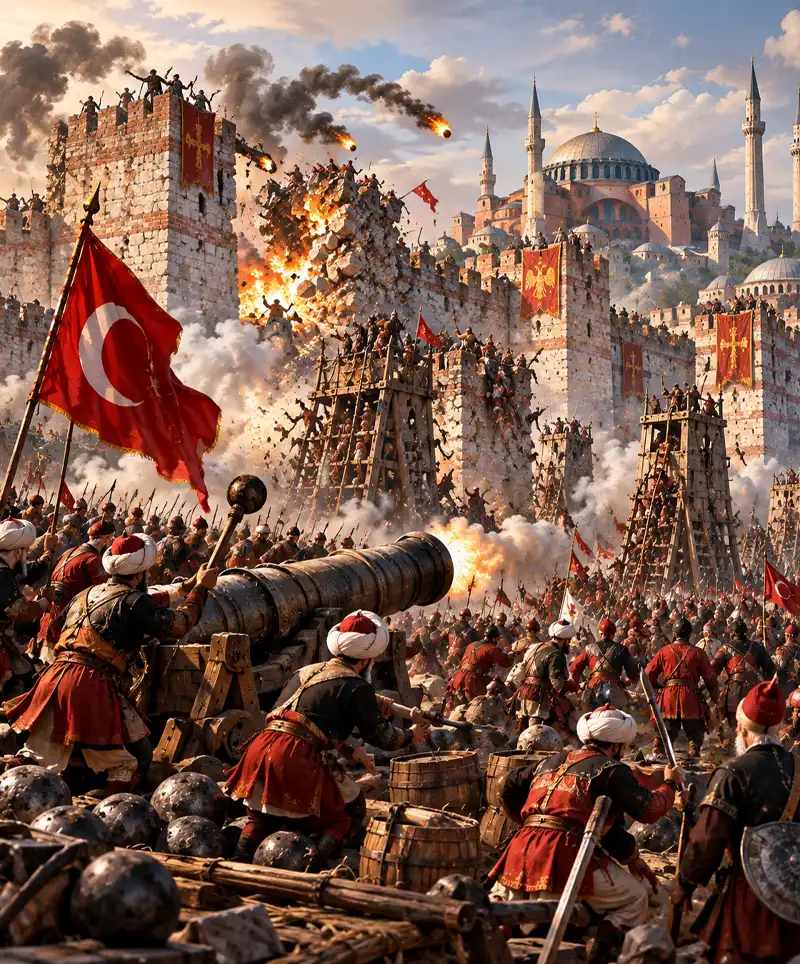 Ottoman forces storm the battered walls of Constantinople amid cannon fire, explosions and fierce fighting during the final 1453 siege.