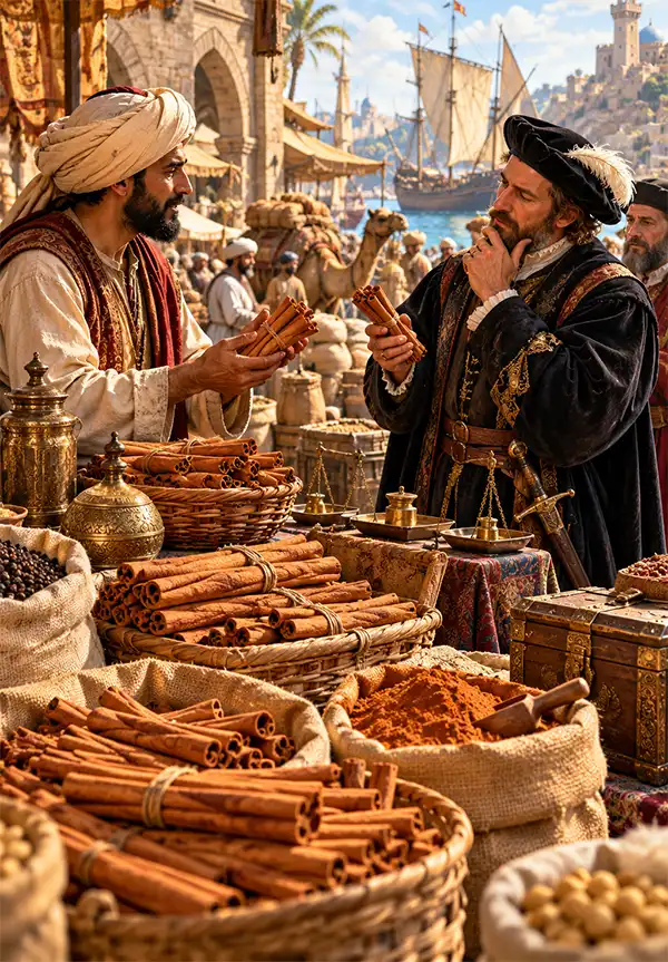 Trading Cinnamon A historical spice merchant trades valuable cinnamon sticks with a European trader in a bustling Old World marketplace, surrounded by baskets of cinnamon, exotic spices, camels, and sailing ships.