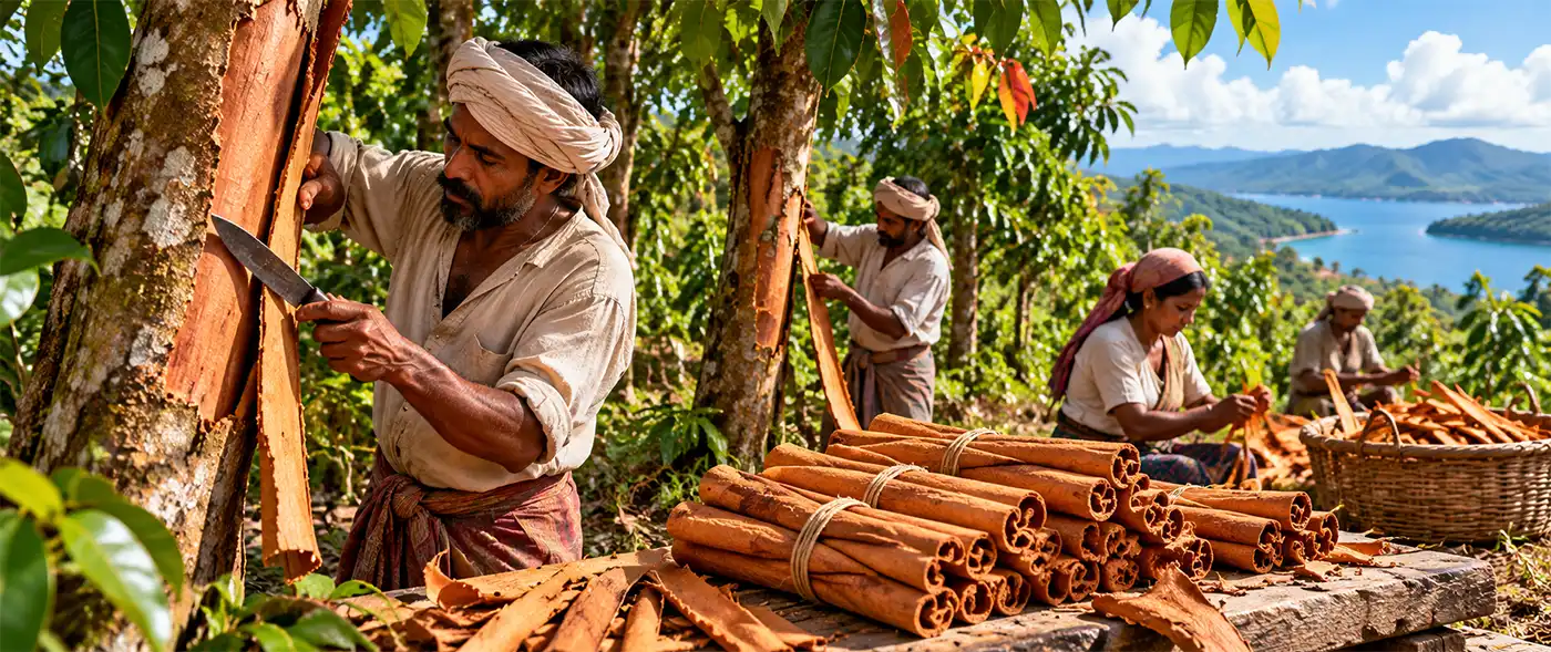 The Cinnamon Harvest Workers harvesting cinnamon bark from trees on a lush tropical plantation, carefully peeling and preparing the aromatic bark to produce cinnamon sticks, with scenic mountains and water in the background.